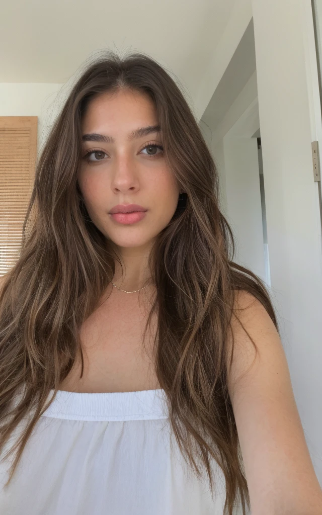Довольно красивая русская девушка делает selfie, looking at the camera , selfie, LF, Very detailed, 19 years, innocent face, Brown hair, naturally wavy hair, Brown eyes, A high resolution, masterpiece, へそが見えている 