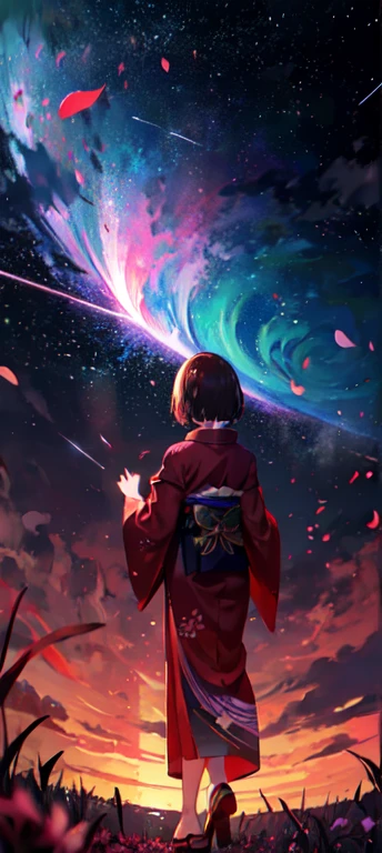 One girl, distant girl wearing a kimono staring at the performer, (Zoom out:1.1), (Meteors:1.2), (comet:1.1), yourname, Low - Angle, From behind, Aloura Borealis, shooting star, yukata, Red kimono, cherry blossoms, Standing in the field,Highest quality, masterpiece, cloud,colorful, Starry sky,performer,