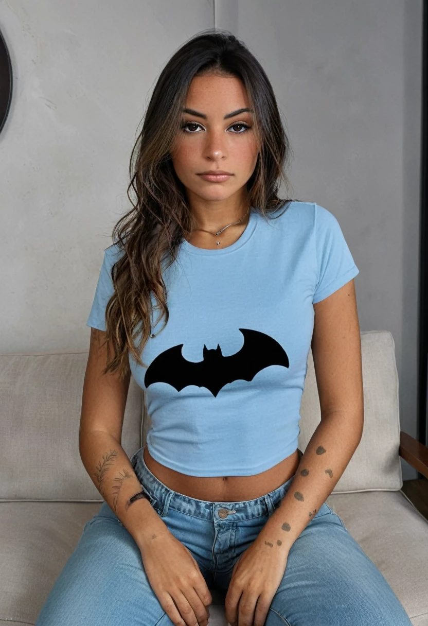 Femme ultra realistic; main ultra realistic; blue t-shirt top ;bat jean noir; regard fixe camera; lightly tanned skin ;ultra realistic ;elle est assise sur un canapé.