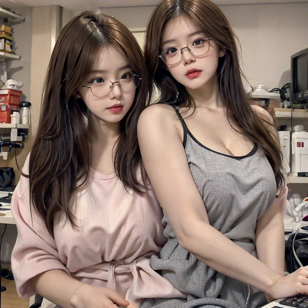 girl, the appearance of long straight hair is brown,dark brown eye,Oval, with slightly prominent cheekbones and a small, straight nose, plump, pink lips,wear glasses,Specifically Korean Asian characteristics,white tank top, gray shorts that is not too short and sitting on a gamer chair in front of a computer, Big chest, thin V-shaped waist, wide hips, thick thighs, big butt,white wallpaper with anime decorations; doll, they will be on a shelf