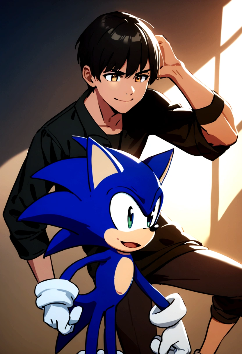 I want an 8 year old Brazilian boy, straight hair white, his hairstyle is on the side, He's smiling, intelligent and quite agitated, I want him to be in a sonic character outfit