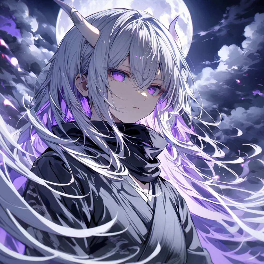 Long silver hair, expressionless, black ninja, full moon, purple eyes, white horns