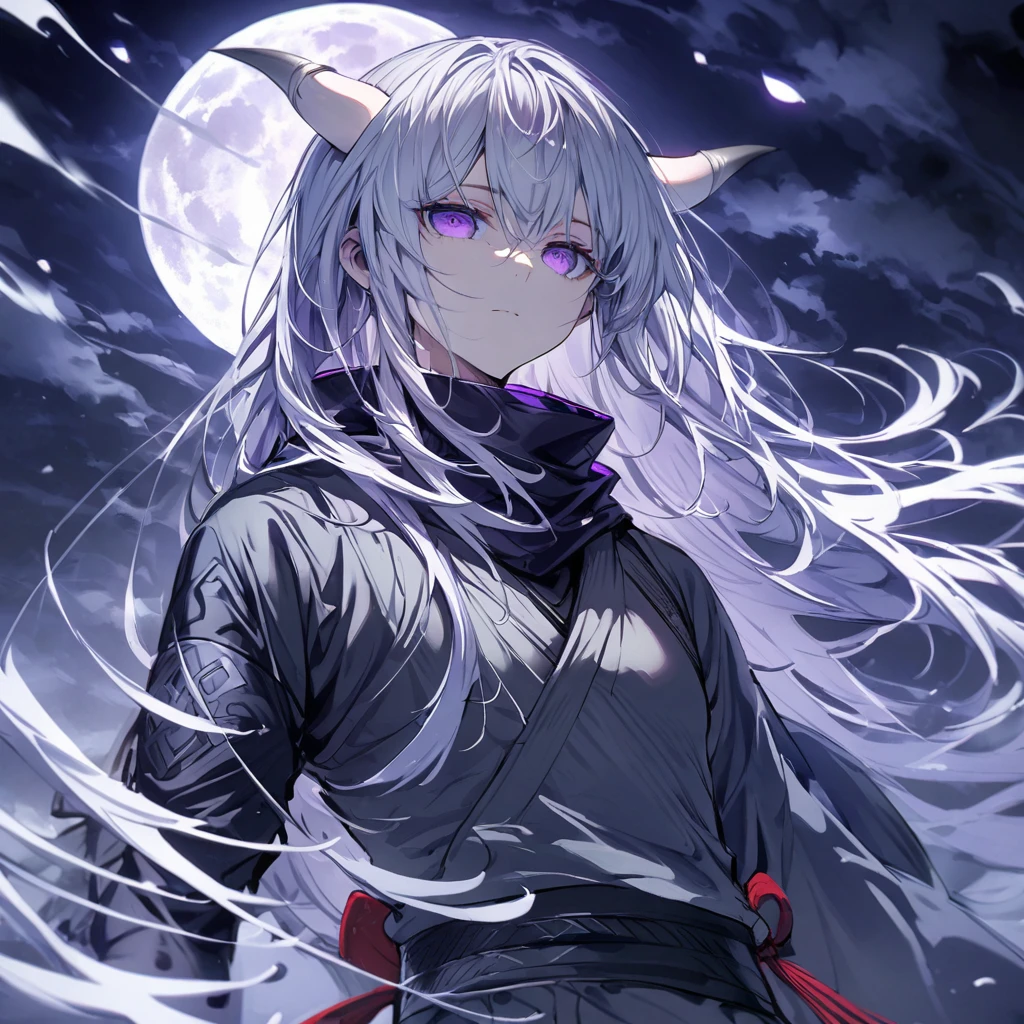Long silver hair, expressionless, black ninja, full moon, purple eyes, white horns