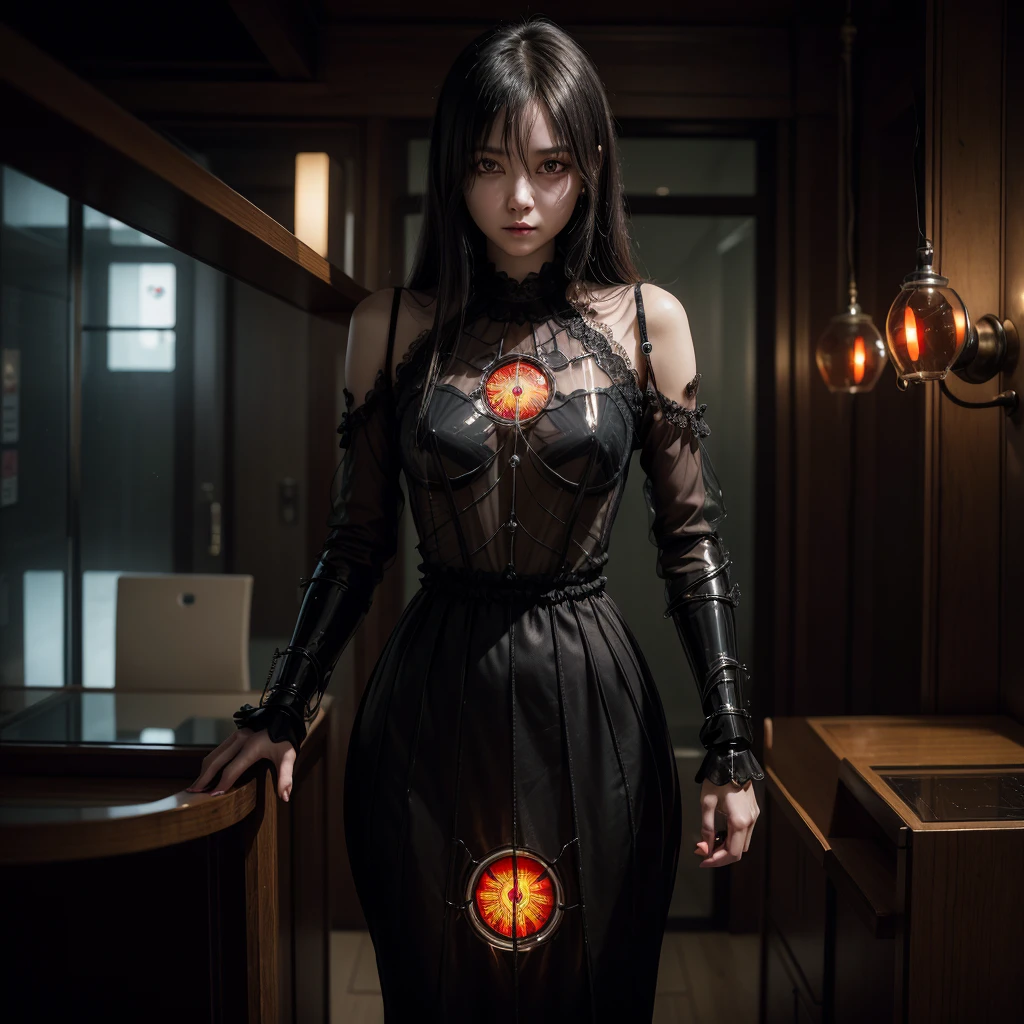 8K, tenebrosa_fancy, 精致的面容, (delicate glass pupil: 1.5), standing full body portrait, black of one eye, red in one eye, 1 person, mechanical miracle, Robot Presence