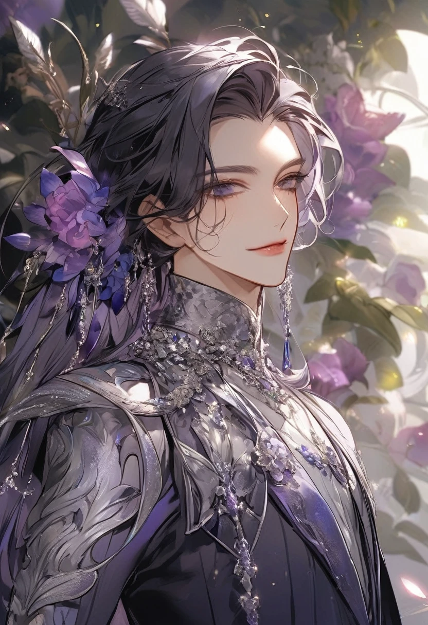Feminibe boy, beautiful facial features, smile, squinted siren dark blue eyes without glare, silver and dark purple long hair with straight bang, fantasy black fit suit with blue and purple elements, long black gloves, model, gorgeous, elegant, lots of silver jewelry, flowers in his hair