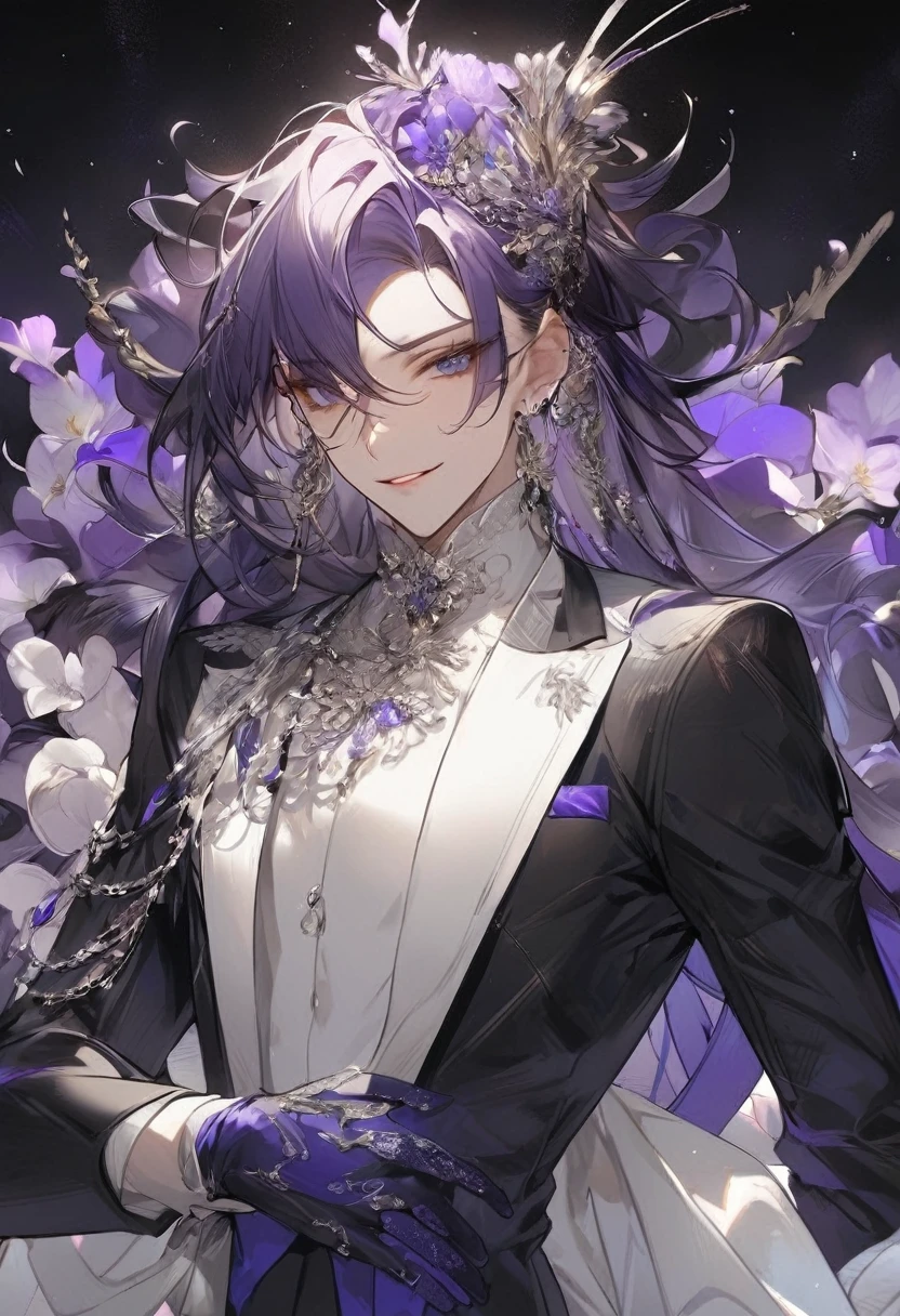 Feminibe boy, beautiful facial features, smile, squinted siren dark blue eyes without glare, silver and dark purple long hair with straight bang, fantasy black fit suit with blue and purple elements, long black gloves, model, gorgeous, elegant, lots of silver jewelry, flowers in his hair