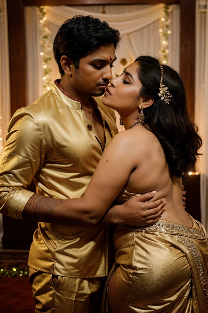 A beautiful curvy Indian bride kissing a boy