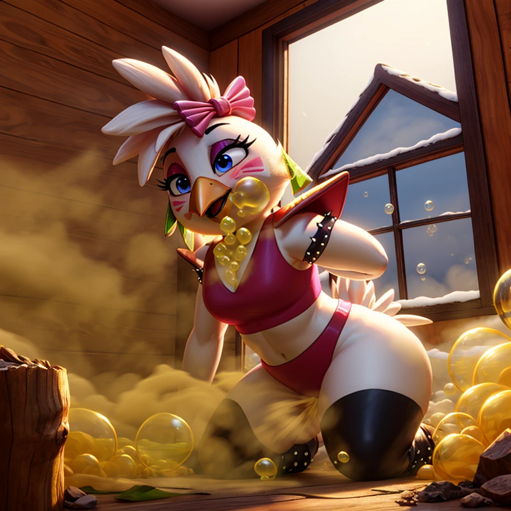 masterpiece, great anatomy, dynamic lighting, crisp, high definition, sexy, glamrock chica, embarassed blushing, wooden house, snowy window, (fart, green gas bubbles,:1.2)