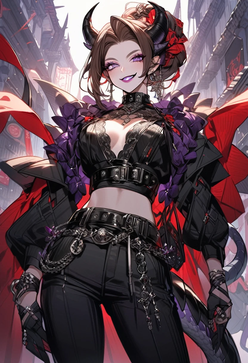 Tall woman, cheeky mad smile, brunette, hair gathered in a low bun, red and black clothes with open chest, purple eyes, dragon tail and horns, belts, pants, many details, light lipstick