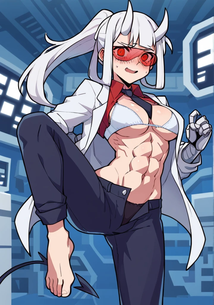 score_8_up, score_7_up, anime screenshot, looking at viewer, clouds
1girl, loremaster (helltaker), horns, long hair, ponytail, white hair, red-tinted eyewear, red unbuttoned shirt, sexy body, formal, black running panties, no bra,
He lies with his legs spread, looking at viewer, laboratory, Open clothes, unbuttoned shirt, white bra, underboob, medium chest, strong abs, bare belly, unbuttoned trousers, full length, (blushes 1.5), bare feet, orgasm