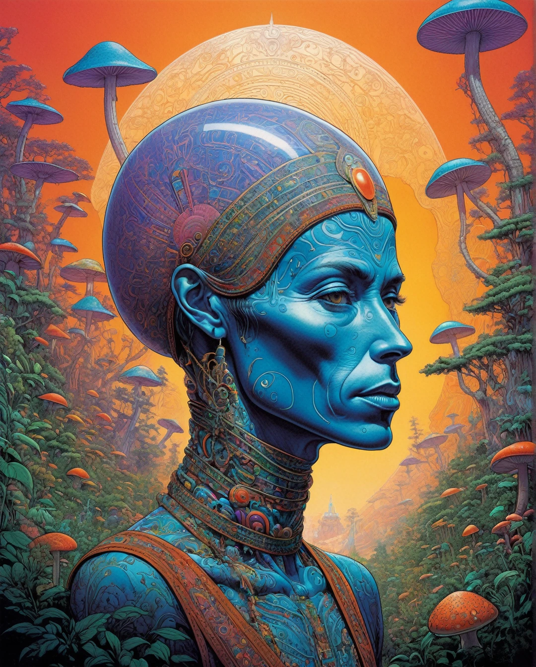 Moebius (Jean Giraud) Style - A picture by Jean Giraud Moebius, ((masterpiece)), ((best quality)), (masterpiece, highest quality), (masterpiece), (masterpiece, best quality),
futuristic style A beautiful illustration of the mathematics of a tattooed alien, digital art, rainbow colors, very detailed face, magical mushroom forest in the background .
sleek, modern, ultramodern, high tech, detailed, blacklight makeup PsyAI, Psychedelic, Visionary art, DMT, LSD style by Moebius, background, vivid colors, patterns, intricate designs, colorful, rich colors, the, hassan, and, hjjaj, style