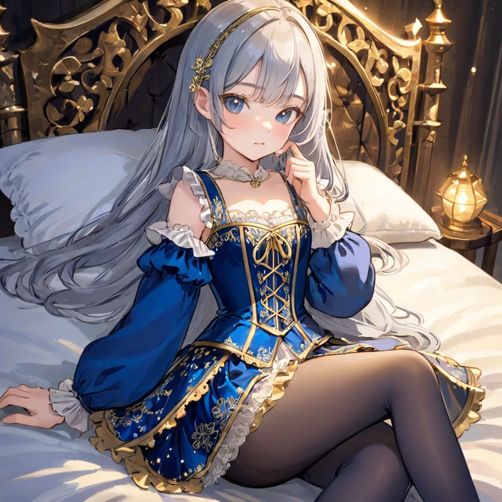 8 year old medieval girl, １people、In underwear、Gold and silver thread embroidery、Translucent underwear that reaches below the knee（Bloomers）wear、wear a semi-transparent corset、Translucent slip, Translucent light navy blue tights、sleep、Pajamas