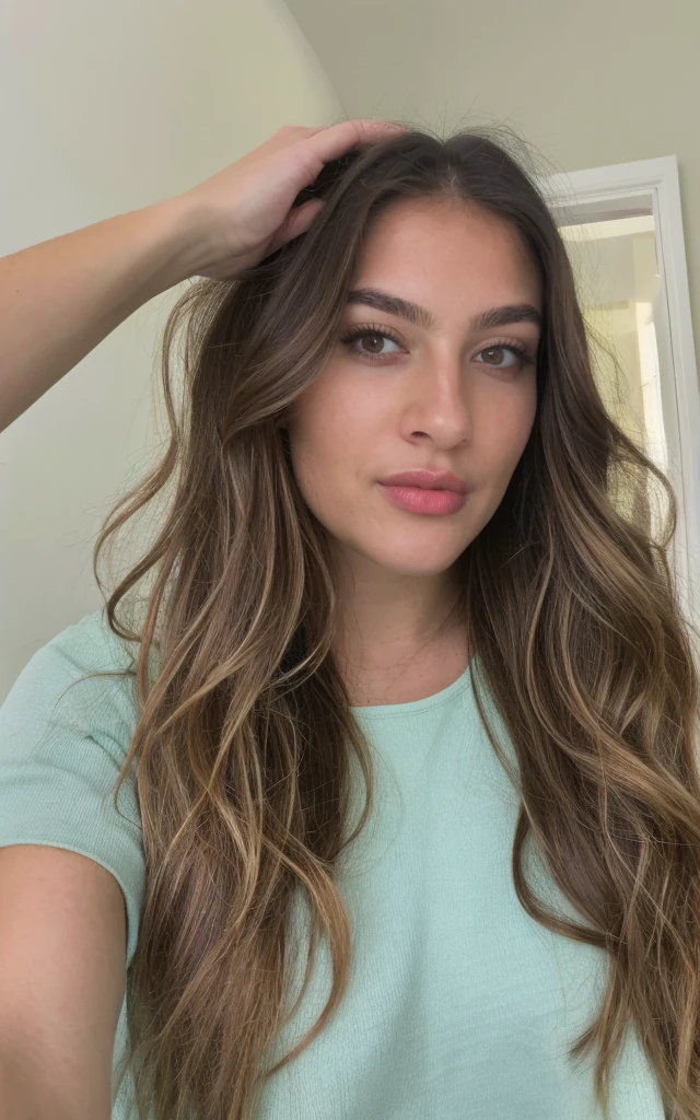 Довольно красивая русская девушка делает selfie, looking at the camera , selfie, LF, Very detailed, 19 years, innocent face, Brown hair, naturally wavy hair, Brown eyes, A high resolution, masterpiece, Prominent life