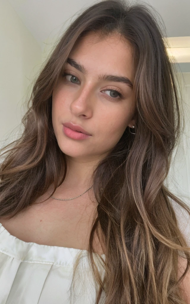 Довольно красивая русская девушка делает selfie, looking at the camera , selfie, LF, Very detailed, 19 years, innocent face, Brown hair, naturally wavy hair, Brown eyes, A high resolution, masterpiece, Prominent life