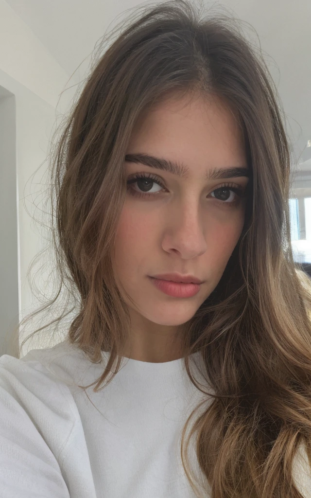 Довольно красивая русская девушка делает selfie, looking at the camera , selfie, LF, Very detailed, 19 years, innocent face, Brown hair, naturally wavy hair, Brown eyes, A high resolution, masterpiece, Prominent life
