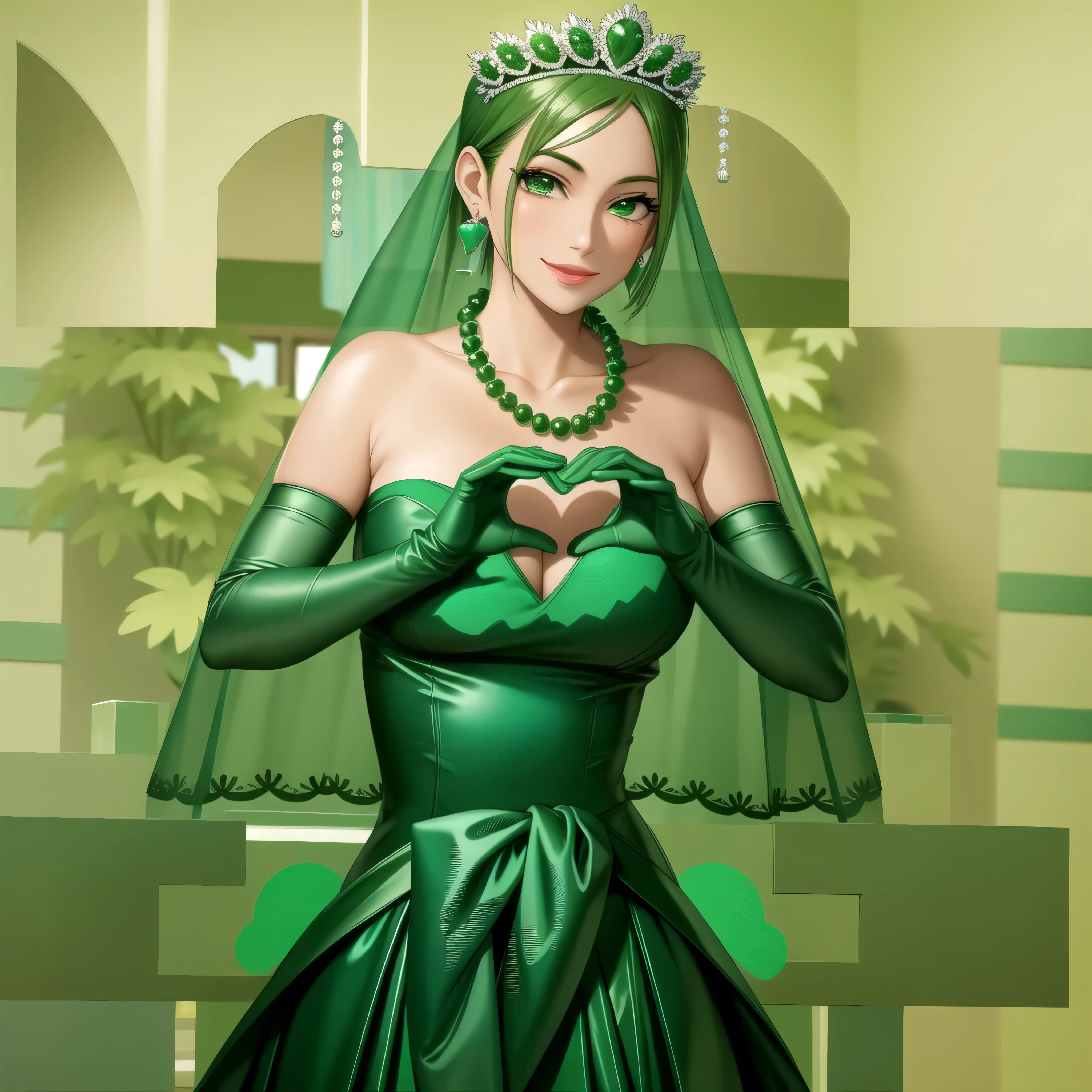 emerald tiara, Green Pearl Necklace, Boyish very short green hair, Green Lips, Smiling Japanese woman, Very short hair, Busty beautiful lady, Green Eyes, Green satin long gloves, Green Eyes, Emerald Earrings, Green veil, Heart with both hands, Green Hair, Beautiful Japanese Women, Heart shaped hands:1.3, green lip gloss