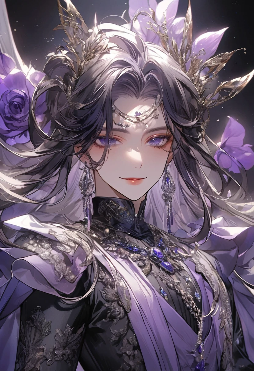 Feminibe boy, beautiful facial features, smile, squinted siren dark blue eyes without glare, silver and dark purple long hair with straight bang, fantasy black fit clothes with blue and purple elements, long black gloves, model, gorgeous, elegant, lots of silver jewelry, flowers in his hair