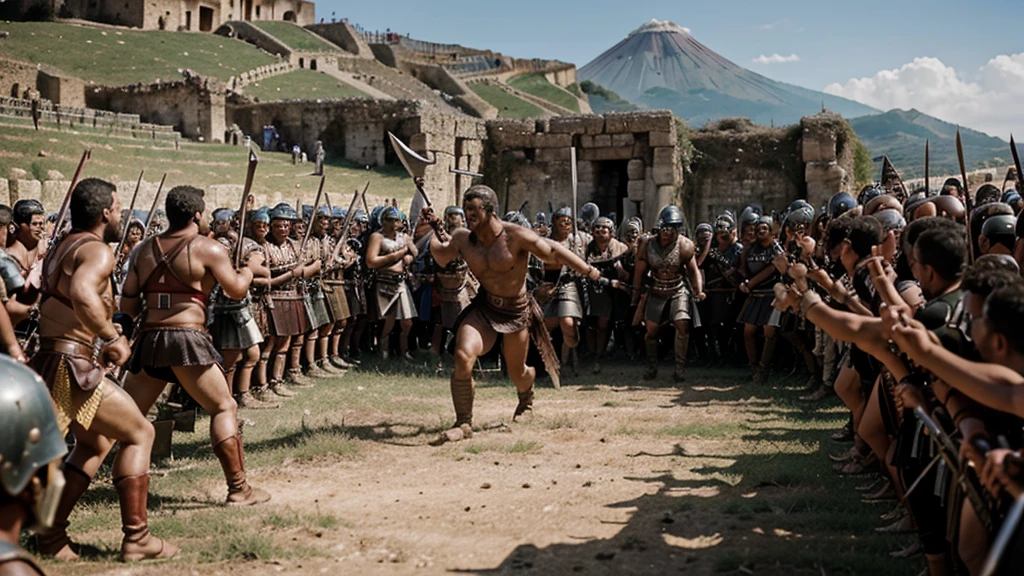 An epic image depicting the revolt of Spartacus, showing gladiators and slaves in a fierce battle against the Roman legions. The scene captures the intensity of the fight for freedom, with Spartacus bravely leading his men against a well-equipped army. In the background, Mount Vesuvius can be seen, symbolizing the symbolic beginning of the revolt.