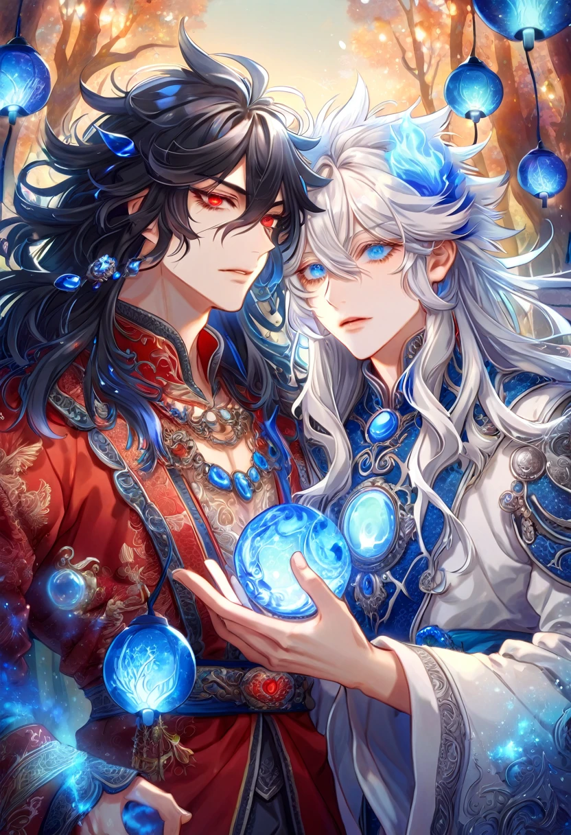 absurdres, highres, ultra detailed, HDR, master piece, best quality, extremely detailed face, delicated features, Xue Yu, untamed spiky hair, black hair, long hair, hair between the eyes, expressive red eyes, Thousand Years War, Gojou Satoru, white hair, messy hair, expressive blue eyes, two sexy men together, gay couple, yaoi, handsome, toned chest, black cape, red robes, white robes, accessories, patterns, fantasy, magic, envy magical, forest, blue dust, blue lanterns, blue fire, blue floating round lights