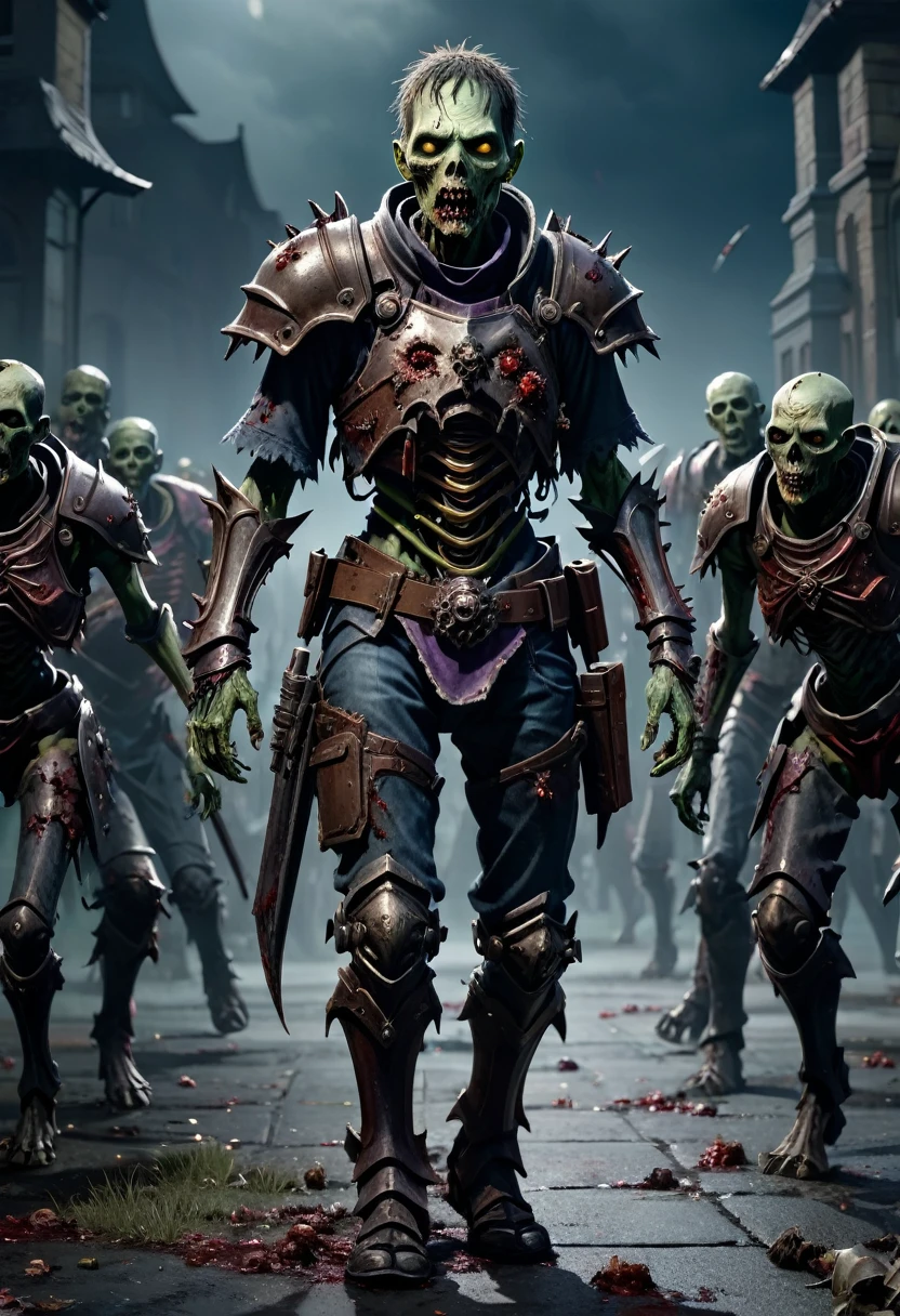 (master piece), 8k, best quality, panoramic view, full body view, undead, attractive zombie with partial, armor, undead with broken armor, only some armor on undead