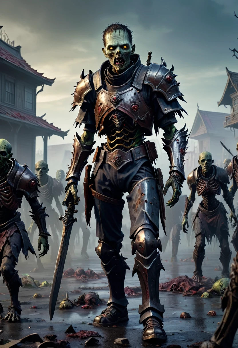 (master piece), 8k, best quality, panoramic view, full body view, undead, attractive zombie with partial, armor, undead with broken armor, only some armor on undead