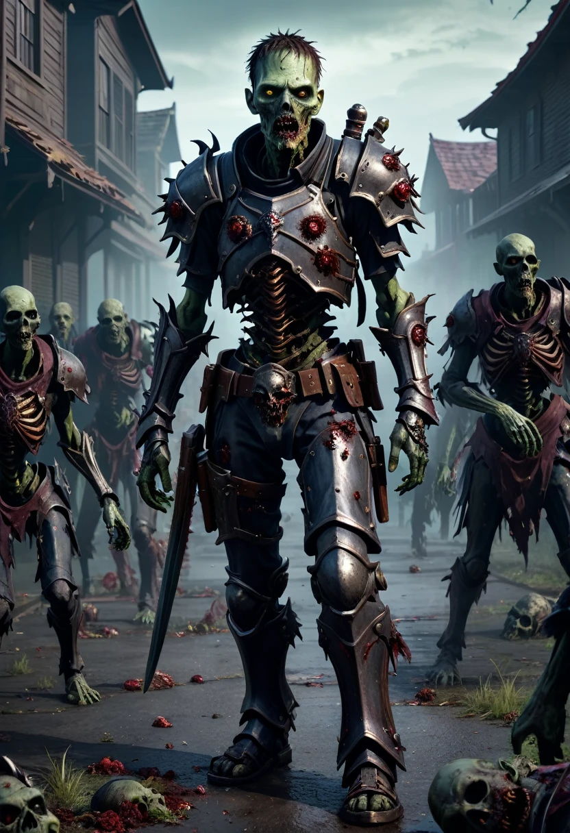 (master piece), 8k, best quality, panoramic view, full body view, undead, attractive zombie with partial, armor, undead with broken armor, only some armor on undead