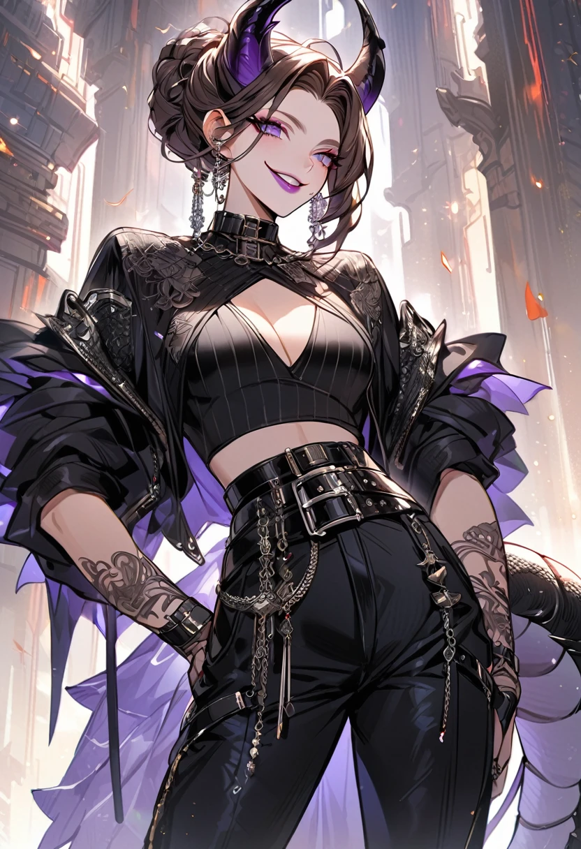 Tall woman, cheeky mad smile, brunette, hair gathered in a low bun, red and black clothes with open chest, purple eyes, dragon tail and horns, belts, pants, many details, light lipstick