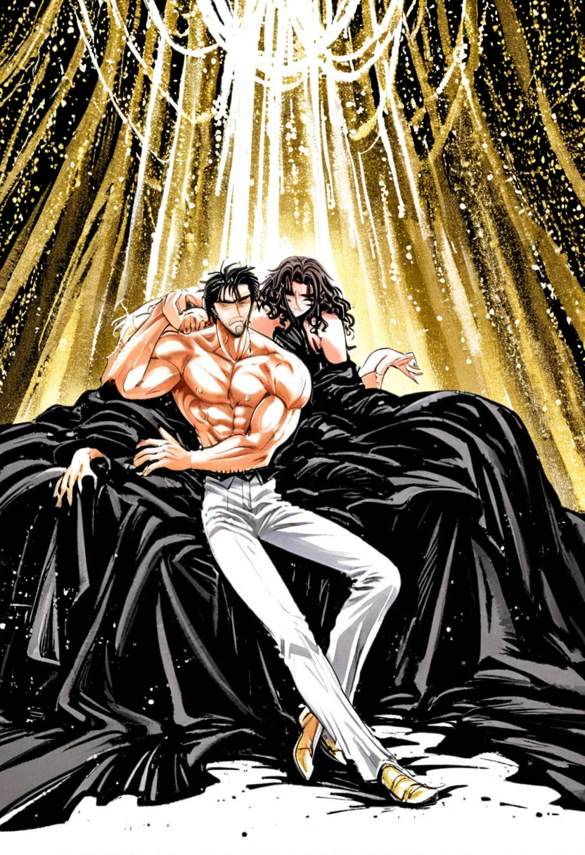 Elegant white and gold room, 1 chico, brown beard, muscular, shirtless , drunk , white pants , black overlay , dark brown wavy hair 