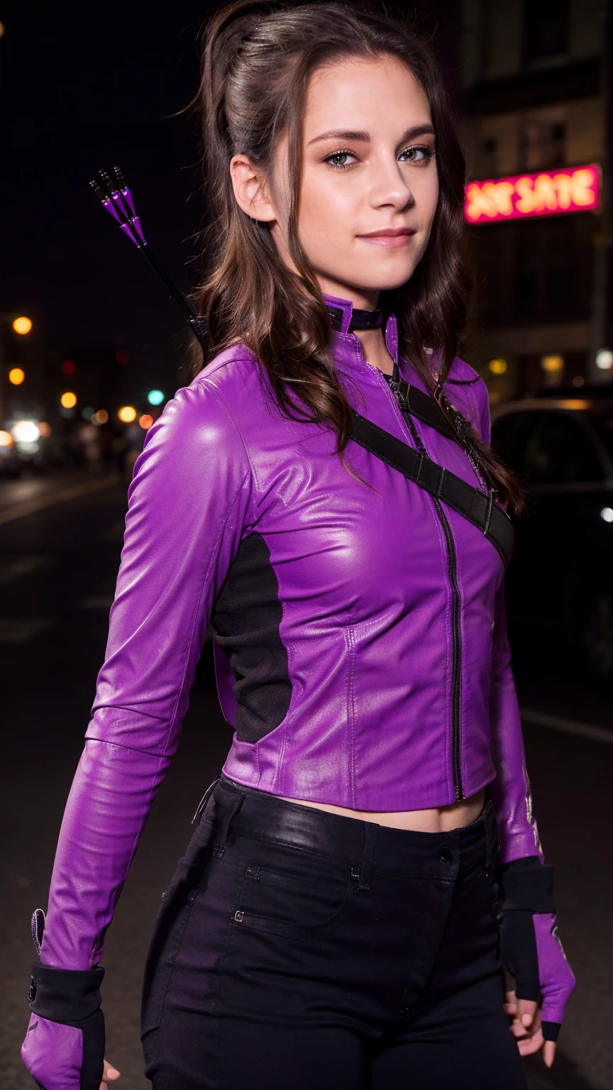 (masterpiece), (photorealistic1.4), (epiCRealLife), (lora:KateBishopFNLoRA:1.0 Purple costume), (gloves), (Kate Bishop Purple Costume),, (epiCFlashPhoto), (medium height), (bow & arrow), (medium figure), (night time), (ponytail), (Kristen Stewart smile), (young woman), (on the street), (close up), (flashphoto), (flash photography), (make up), (at night), (cowboy shots), (kst3w-v2 demure)