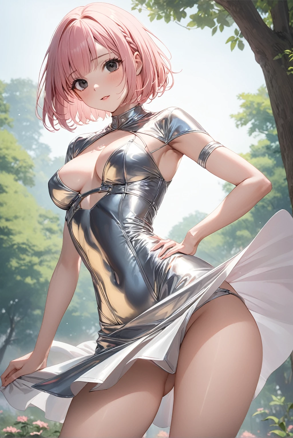 (High waist skirt, sexy dress), (solo), lycoris recoil, (1 cute girl), sexy, 25 years old, drooping eyes, (masterpiece:1.2), (best quality:1.2), (very aesthetic:1.2), (absurdres:1.2), (detailed background),newest, (((Pink hair, short hair, bob cut, black eyes))), (visible nipples:0.7), (camel toe:0.3), Cute face, medium_breasts, ((Thin thighs)),Bright park, dynamic poses, Metallic Outfit,