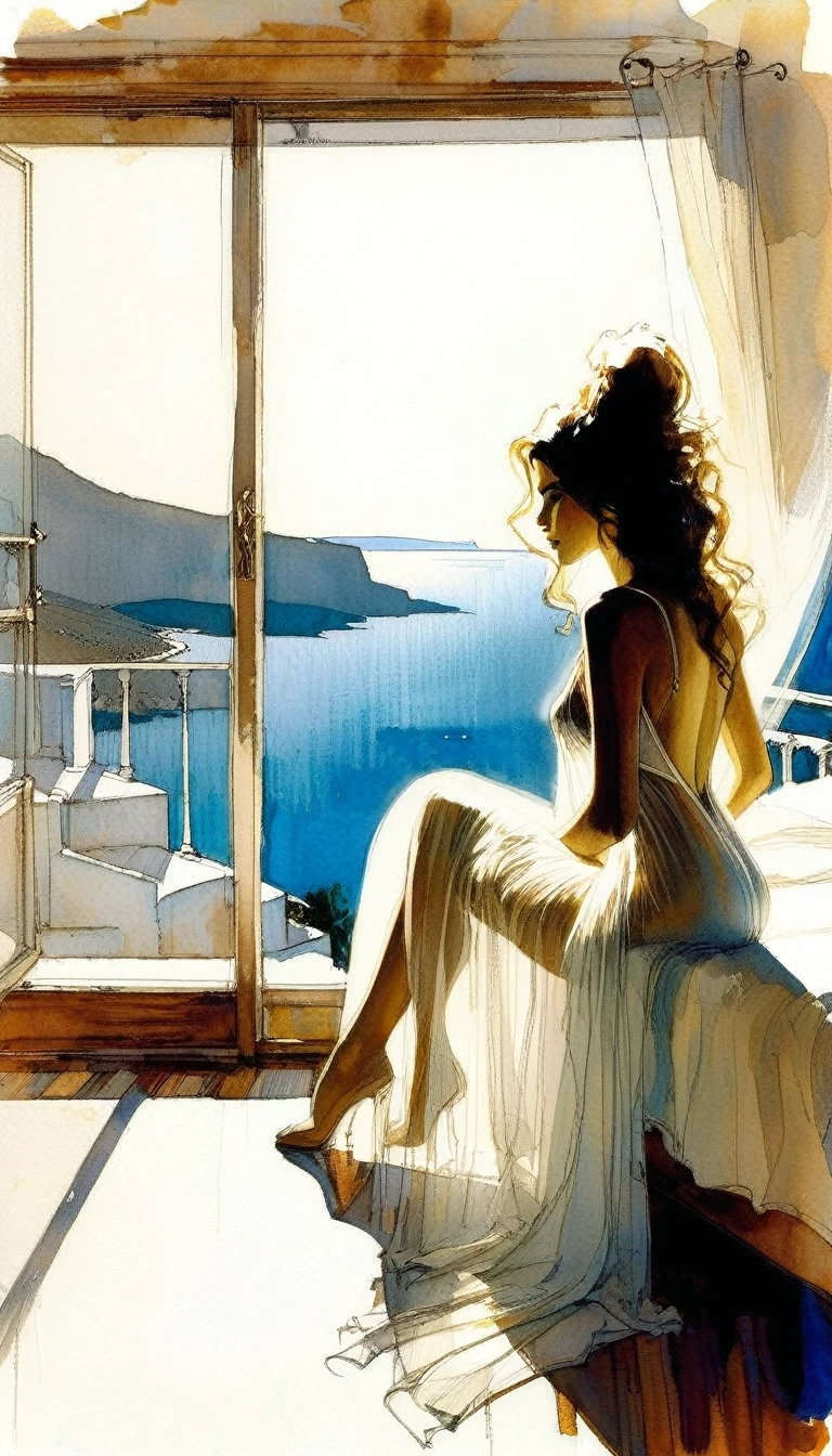eroticism, sexy, transparent nightgown, luxurious room, open terrace overlooking typical Greek village, tmari, sketch, traditional media, pen drawing, white background (art inspired by Bill Sienkiewicz). oil painting)