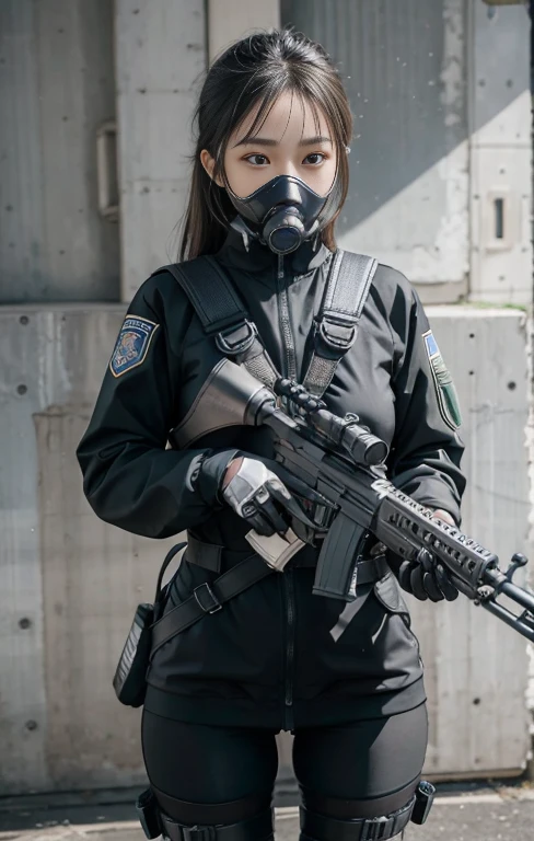 Best image quality, Excellent details, Ultra-high resolution, (realism: 1.4), ((close:0.75, from the front)), Realistic, A very condensed woman, whole body, Take aim with a rifle, Combat pose, (Detailed face), Looking into the camera, (Slightly thicker:0.45), (The fabric color is black:0.4 White:0.5. Other colors:0.1), (Wearing nylon rash guards as police uniforms, gloves, Fingers are blocked, Black and grey mech, Wearing a futuristic gas mask, Military Harness, Has a machine gun, Carrying a high-tech backpack), Background Grey Wall,