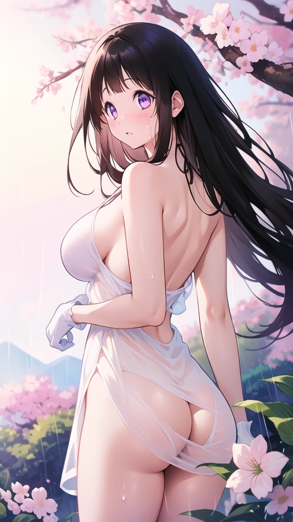 Amazing Chitanda, There is only one beautiful girl,Purple Eyes, Black Hair, Very red face,Very white skin,Glowing skin,Skin as delicate as porcelain,Naturally straight hair, Straight bangs,Extremely refined,Open lips,Long flowing hair,Beautiful Girl, Like a dream,Slim,Slim waist,Soft, (Sensual), (Kawaii), Dream quality,Beautiful big breasts,Sheer loose dress,Areola,Completely naked,Lower edge of breast,White gloves,Flower decoration,Deep V neckline,Loose neckline,Wide neckline,In school,The wind blows the hair,Place your hands on your inner thighs,Thighs clamp hands,Wet skin,Sweaty and sweaty,Sweating all over,it is raining,Next to the cherry blossom trees,Back to,Lean over,Hips,Side body,Gluteal groove,Completely naked的臀部,Bare back,Completely naked的背部,Light transmission,(no pants),nopan,pussy juice,Bare shoulders,There are no shoulder straps,Bare neck,Exposed collarbone,Exposing breasts,Exposing breasts侧面,Exposing breasts下面,Show your waist,Show your buttocks,Show your thighs,Exposing the groin,(No pants),extremely shy,Ultra-high resolution, (masterpiece:1.2, best quality), (Delicate and beautiful eyes: 1.2), (Beautiful and delicate face)
