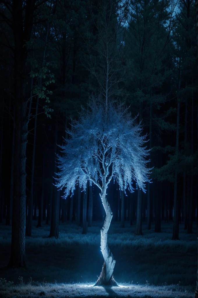 Mystical willow tree in dark forest with blooming blue lights