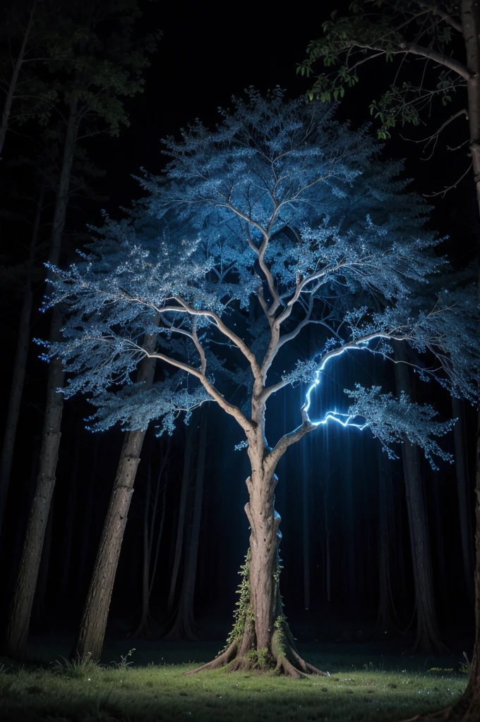 Mystical willow tree in dark forest with blooming blue lights