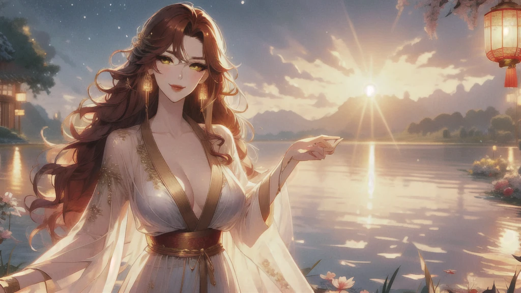 UHD, textured skin, high detail, anatomically correct, SOLO, 1 female, Xian mei, unique golden eyes, long red curly hair, jewelry, round, big breasts, perfect anatomy, walking by the lake, clear water nude, nude, sexy, hot , stars at night, shooting stars, wonderful sky, dear night sky,