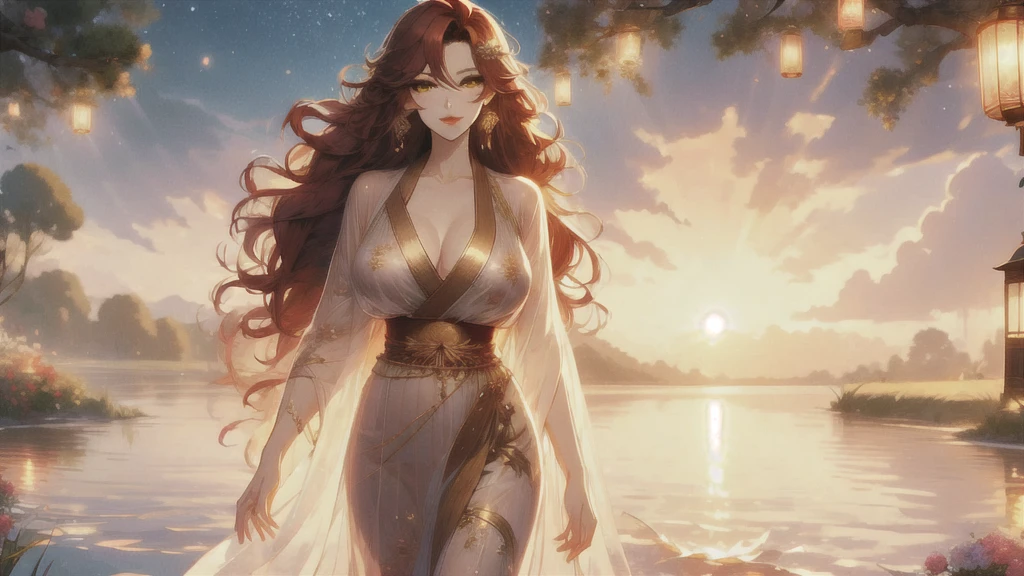 UHD, textured skin, high detail, anatomically correct, SOLO, 1 female, Xian mei, unique golden eyes, long red curly hair, jewelry, round, big breasts, perfect anatomy, walking by the lake, clear water nude, nude, sexy, hot , stars at night, shooting stars, wonderful sky, dear night sky,