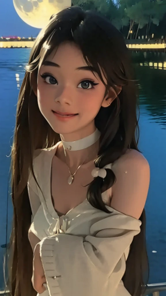 rzl, 1girl, (best quality), (Masterpiece:1.2), (realistic, photo-realistic:1.2), (Highly Detailed Face and Skin Texture), (cowboy shot), (20 years old Japanese idol), cute face, Whitening Skin, Double Eyelids, (Absurdly Long Hair:1.5), (slim figure), (flat bust:1.1), long legs, (Black Straight Hair), (Choker), (ゴシックロリータ:1.1), sea, moon, beach