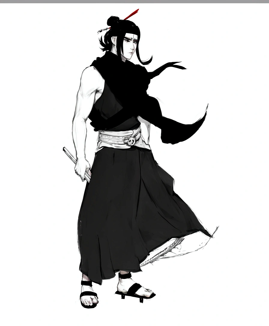 a drawing of a young man in a school kimono, full body concept, dressed with long fluent clothes, using a scarf, long hair using a kanszashi stick in the hair to hold the hair bun decorated with a red ribbon and a feather, wear socks and sandals, strong, exposed arms, holding a socket adaga inspirada na arma do personagem asuma Sarutobi na mão direita, look serious and worried, holding a socket/kunai in right hand pointing backwards, holding a dagger in his right hand with a socket, holding tekko socket gun