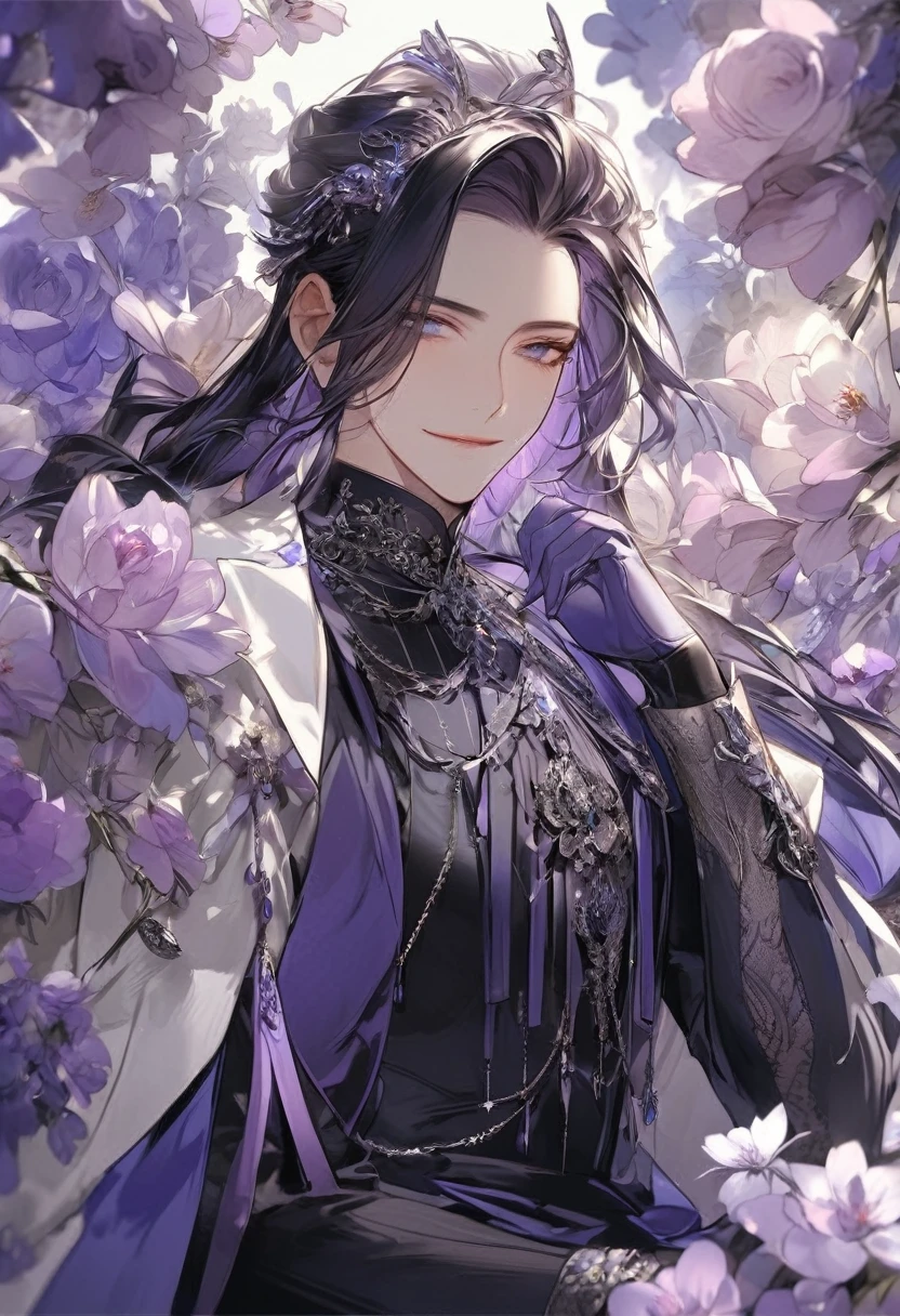 Feminibe boy, beautiful facial features, smile, squinted siren dark blue eyes without glare, silver and dark purple long hair with straight bang, fantasy black fit clothes with blue and purple elements, long black gloves, model, gorgeous, elegant, lots of silver jewelry, flowers in his hair