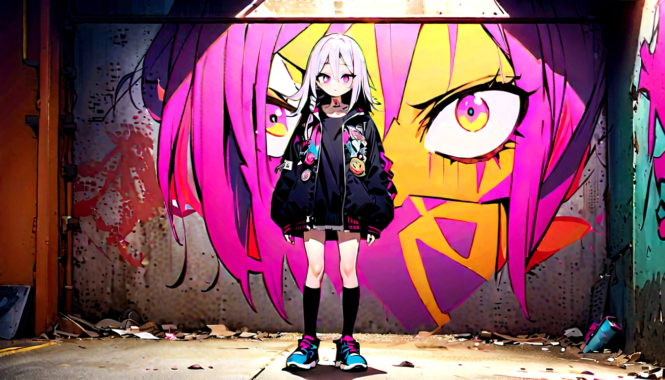 Step Piece, Best Quality, Best Illustration, Ultra-detailed,girl, pinkrose long hair, crazy baddie girl, Cool Black Open Short Jacket, neck tattoo, Messy Fade Cut Hair, Side braided hair,Crazy, standing with an eerie feeling, abandond street graffiti wall background,knee high socks, quirky sneakers, Eyeshadow on the eyes,unusual colored eyes, Eyes of fear, Vivid eyes, cool shot
