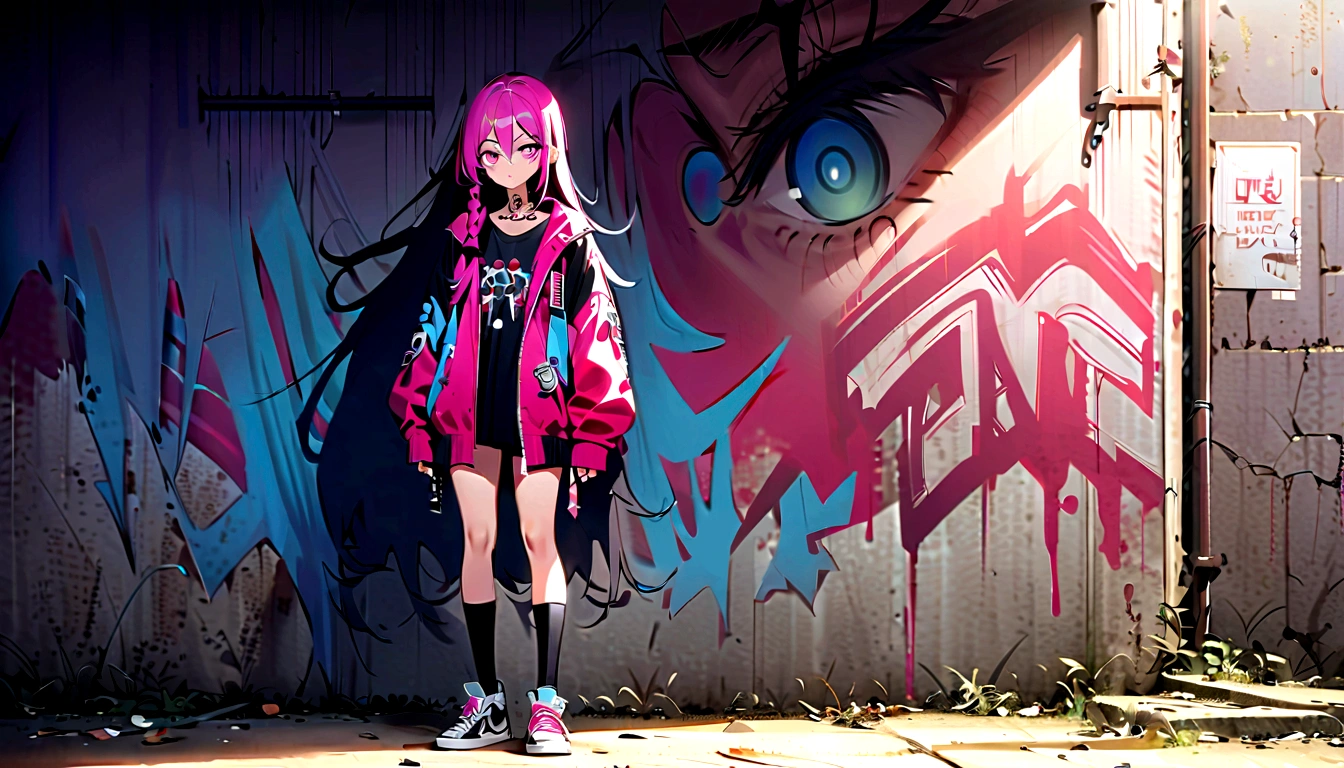 Step Piece, Best Quality, Best Illustration, Ultra-detailed,girl, pinkrose long hair, crazy baddie girl, Cool Black Open Short Jacket, neck tattoo, Messy Fade Cut Hair, Side braided hair,Crazy, standing with an eerie feeling, abandond street graffiti wall background,knee high socks, quirky sneakers, Eyeshadow on the eyes,unusual colored eyes, Eyes of fear, Vivid eyes, cool shot