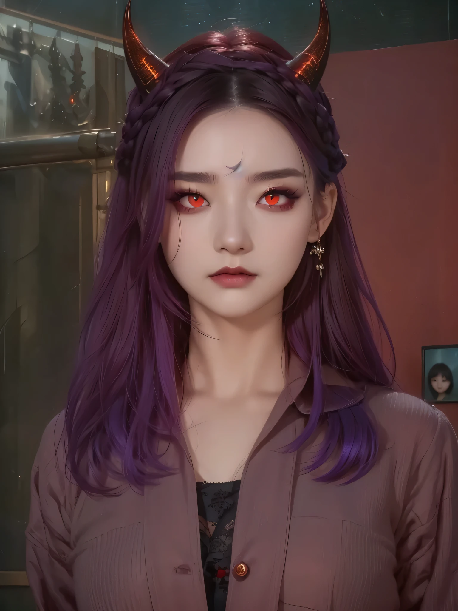 a close up of a woman with horns and a purple hair, (red eyes:1.5) , dark piercing eyes, devious evil expression, character close up, piercing gaze, ( ( deep black eyes ) ), cat - like scarlet eyes, cruel korean goth girl, with long hair and piercing eyes, close up character, glowing ember eyes, character close-up