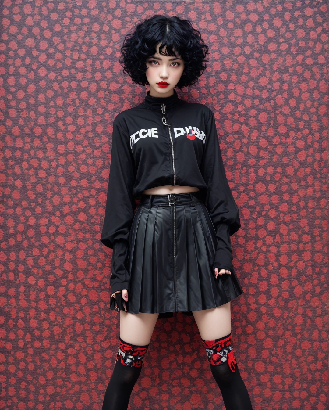 a full-body, high-resolution anime style of a rebellious teenage female goth with short curly black hair, thin face, intense red lips, gothic fashion, inspired by the works of Yoshiaki Kawajiri, vibrant and edgy, with dramatic lighting and dynamic composition, BREAK, Art style by Yoshiaki Kawajiri and Tsukasa Hojo and Toshihiro Kawamoto - -intricately detailed face - -80s and 90s anime still - -1980s retro anime - -1980s and 1990s anime retro nostalgia -highly detailed profile BREAK, ARISTYLE4, Soft Pastel -depth of field, Cinematic Angles, Dynamic angles, (((masterpiece))), perfect face, ((full body shot)),, background, vivid colors, patterns, intricate designs, colorful, rich colors, the, hassan, and, hjjaj, style