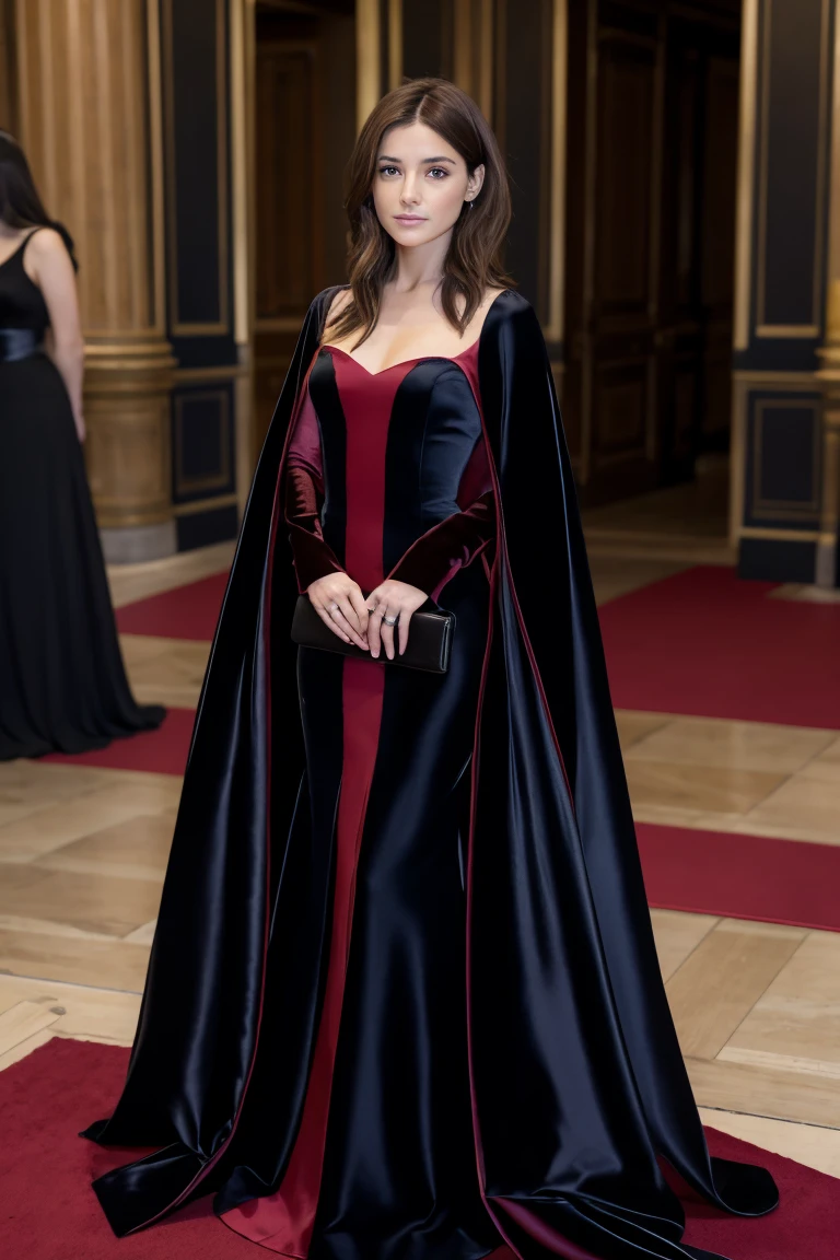 une jeune femme réaliste, très détaillée, brune claire aux cheveux longs, yeux marrons. Elle porte une robe de princesse rouge en satin. Elle porte aussi des longs gants en satin noirs ainsi qu'un ruban noir en satin autour de son cou. Elle est sur un throne, seule, avec un regard supérieur