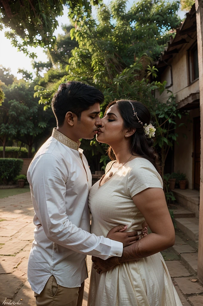 A beautiful curvy Indian bride kissing a boy, natural light, outdoor view