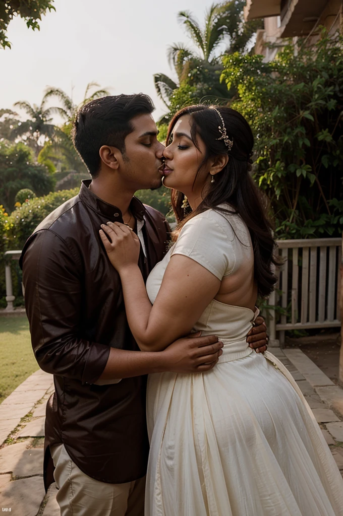 A beautiful curvy Indian bride kissing a boy, natural light, outdoor view