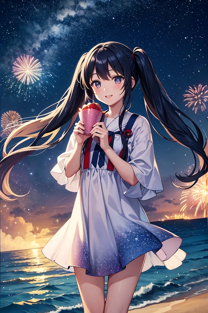 Fireworks over the sea、Fireworks over the sea、One girl，Expose the whole body，Nice face，Dark Eyes、Light blue long hair、Beautiful girl with twin tails，Fireworks across the sky、Bright smile、Warm and soft lighting，Night Sky，Starry Sky