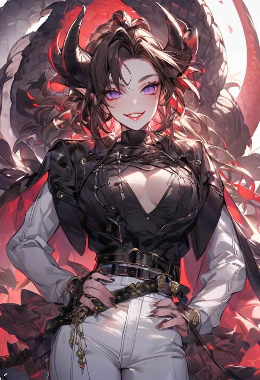 Tall woman, cheeky mad smile, brunette, hair gathered in a low bun, red and black clothes with open chest, purple eyes, dragon tail and horns, belts, pants, many details, light lipstick
