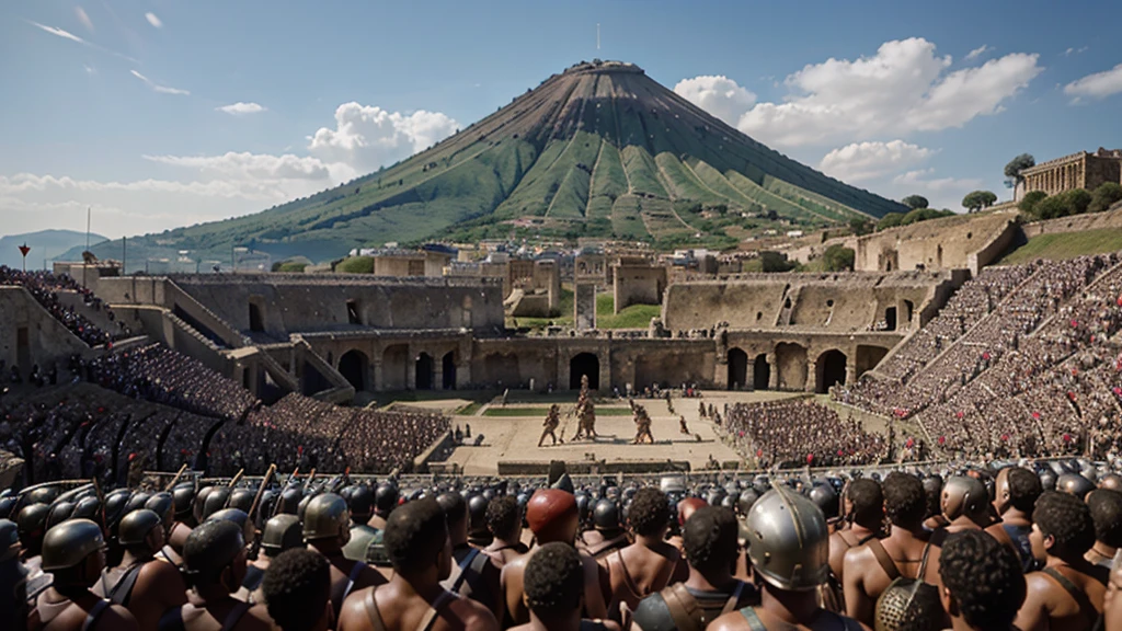 An epic image depicting the revolt of Spartacus, showing gladiators and slaves in a fierce battle against the Roman legions. The scene captures the intensity of the fight for freedom, with Spartacus bravely leading his men against a well-equipped army. In the background, Mount Vesuvius can be seen, symbolizing the symbolic beginning of the revolt.